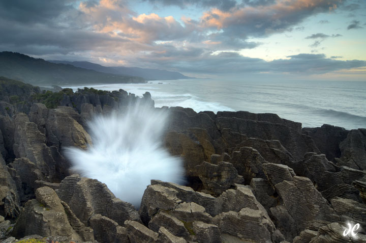 Punakaiki Pancake Rocks and Putai Blowhole at sunrise, Dolomite Point, West Coast, South Island, New Zealand