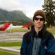 Photographer Josh Cripps and helicopter, Fox, New Zealand