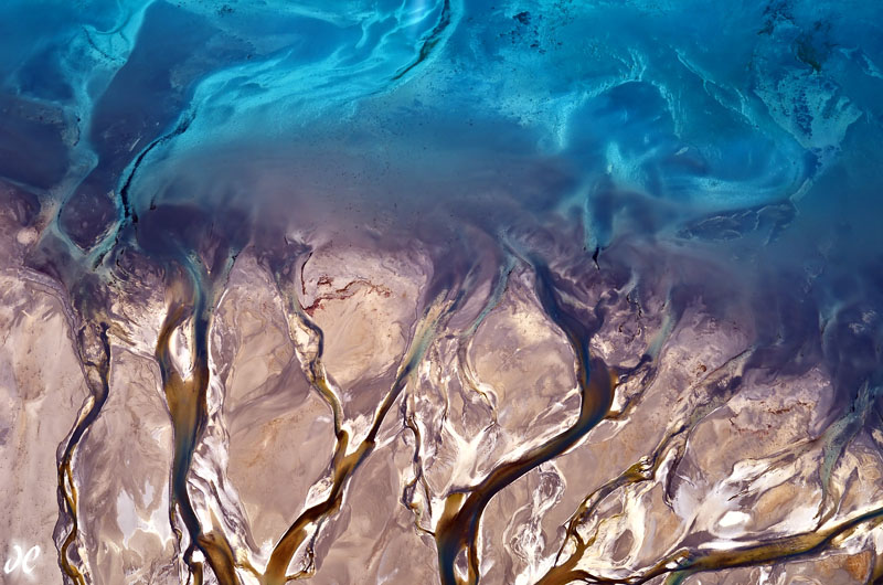 Aerial photo of the Godley River and Lake Tekapo, South Island New Zealand