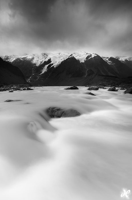 Hooker River, Mt. Cook National Park, South Island, New Zealand (black and white)