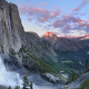 Upper Yosemite Falls, Half Dome, and Mt. Starr King at sunset, Yosemite National Park