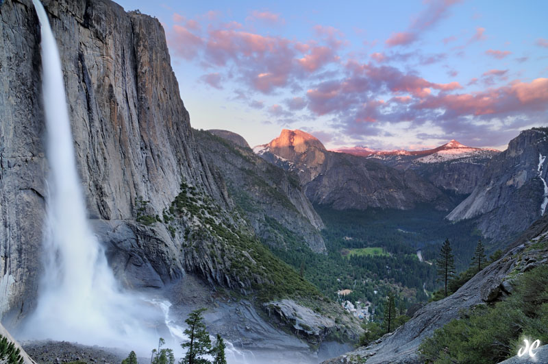 Upper Yosemite Falls, Half Dome, and Mt. Starr King at sunset, Yosemite National Park