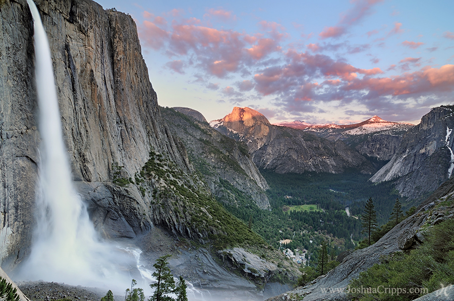 Yosemite Falls and Half Dome at sunset