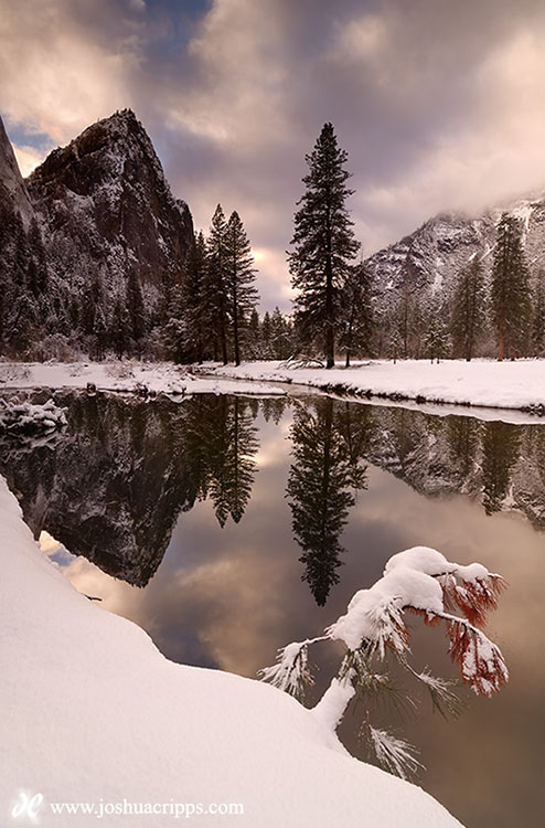 Temple of the Snow Cathedral Rocks and Merced River in Winter, Yosemite National Park