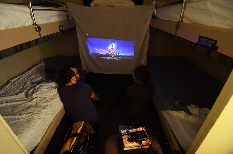 Makeshift movie theater in our stateroom