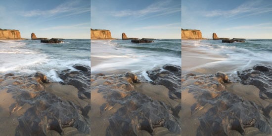 Manual mode produces consistent exposures when shooting seascapes. 3 shots, back to back at f/22, 1/2 sec