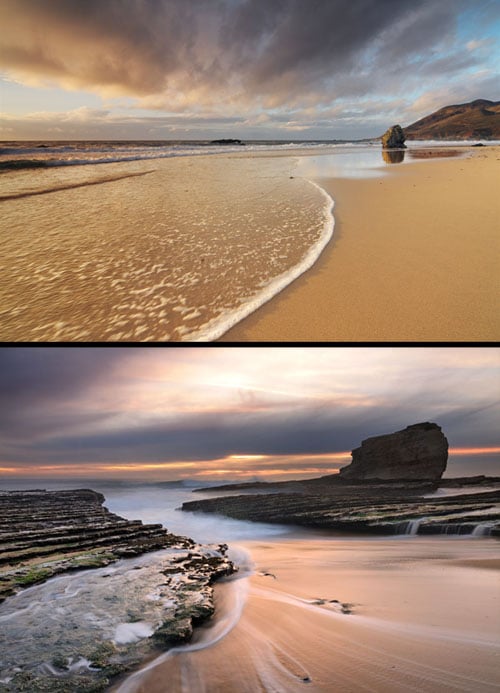 Top: a foamy curve is used as a line to draw viewers into the scene. Bottom: out-flowing water is captured with a 2-second exposure to create silky, flowing lines.