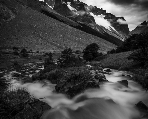 Chile-Patagonia-Cerro-Castillo-National-Reserve-glacier-black-white