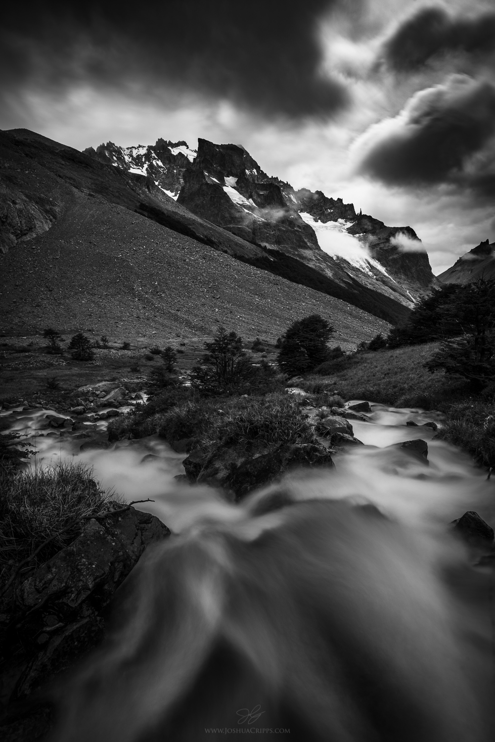 Chile-Patagonia-Cerro-Castillo-National-Reserve-glacier-black-white