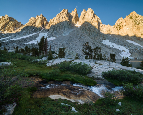 Kearsarge Pinnacles and stream in early morning light.